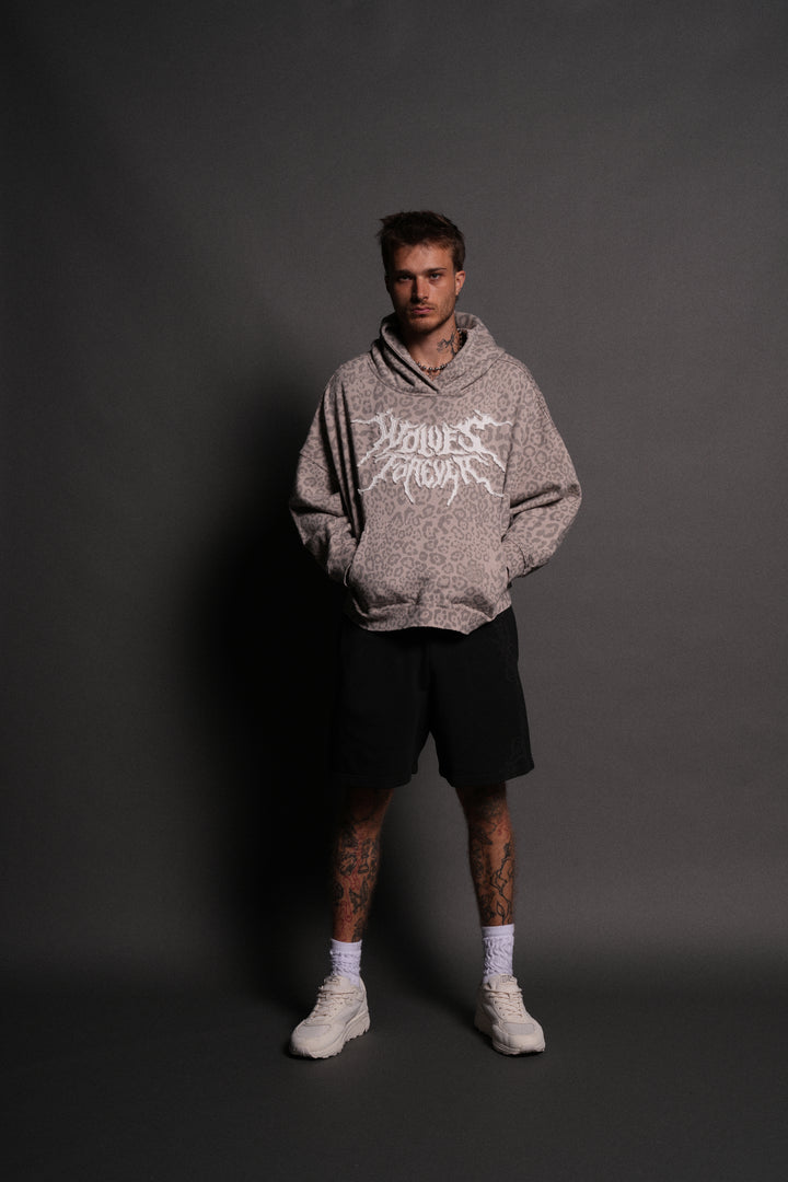 Forged From Iron Applique Destroyed Grunge Gage Box Cut Hoodie in Clay Leopard