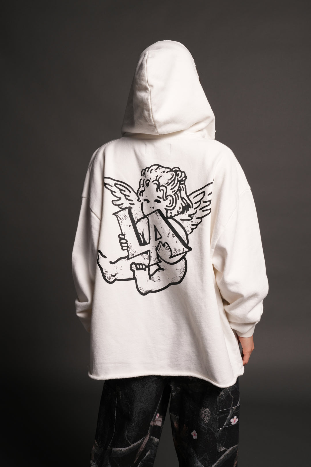 Los Cherub Distressed Grunge Mid Length Raw Hem Zip Hoodie in Cream