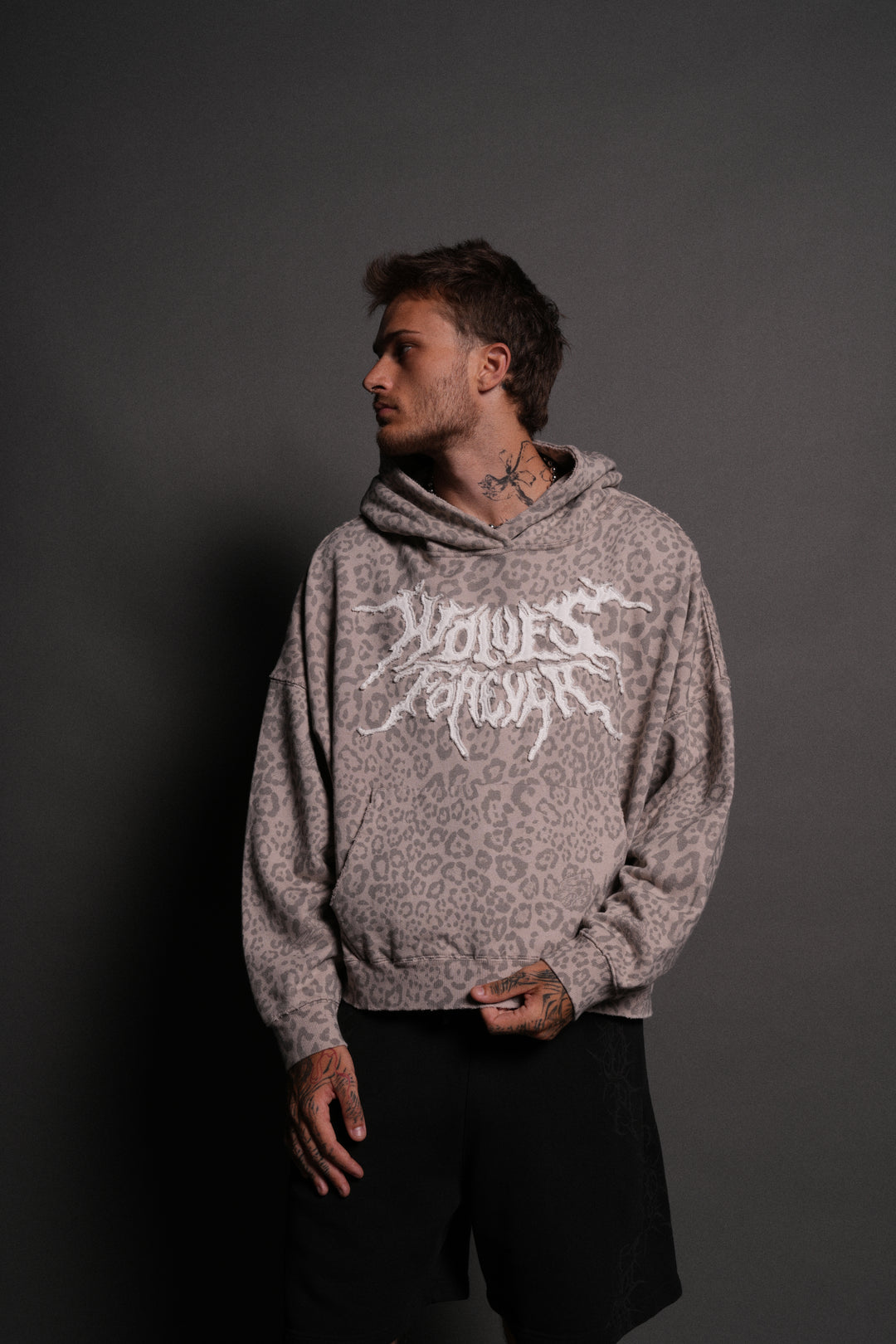 Forged From Iron Applique Destroyed Grunge Gage Box Cut Hoodie in Clay Leopard