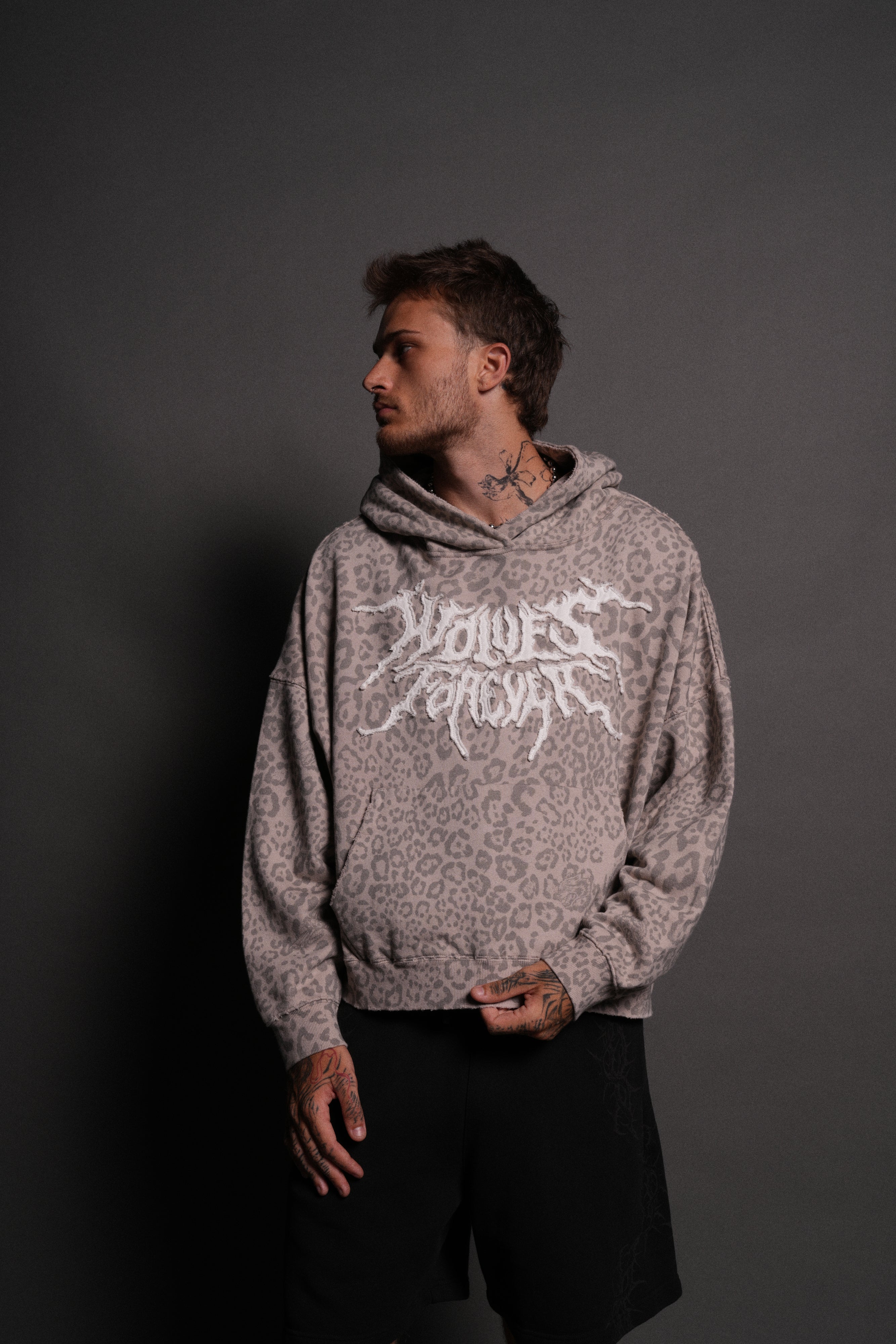Forged From Iron Applique Destroyed Grunge Gage Box Cut Hoodie in Clay Leopard