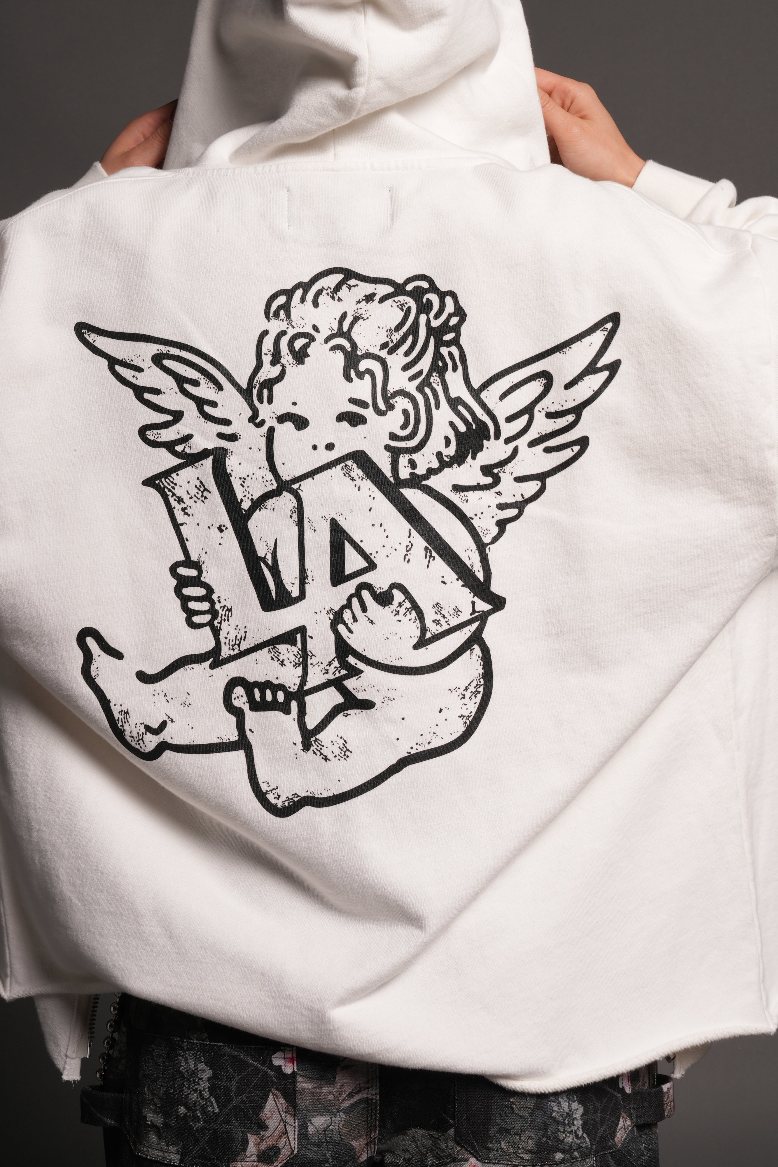 Los Cherub Distressed Grunge Mid Length Raw Hem Zip Hoodie in Cream