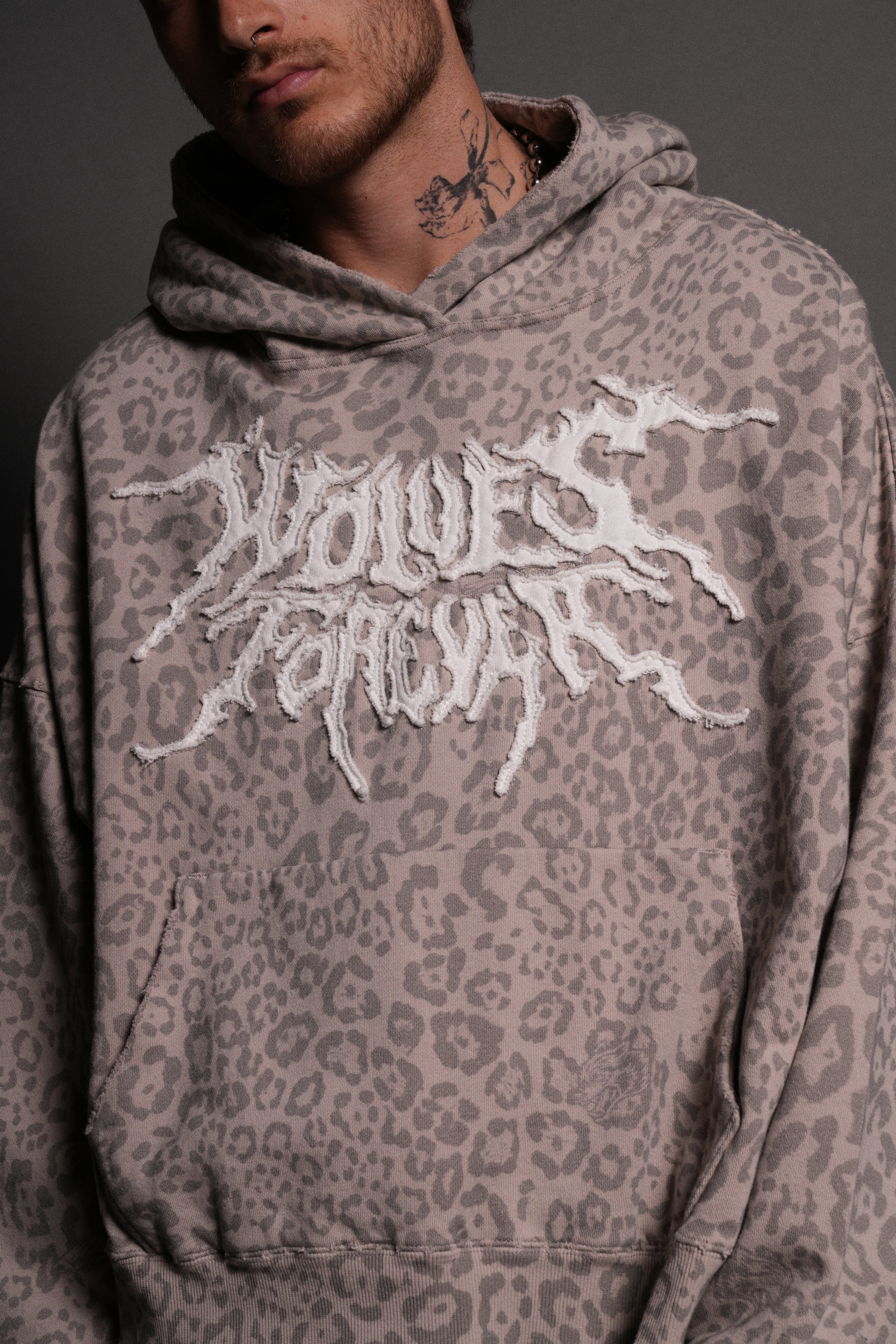 Forged From Iron Applique Destroyed Grunge Gage Box Cut Hoodie in Clay Leopard