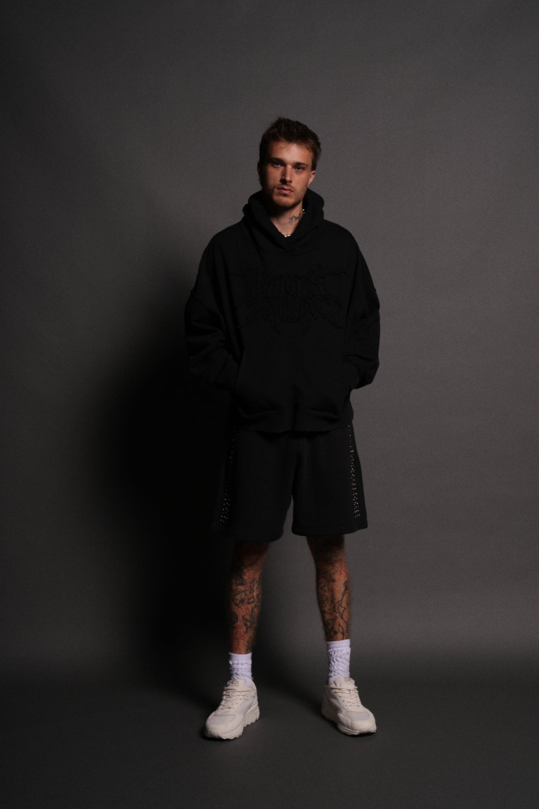 Forged From Iron Applique Destroyed Grunge Gage Box Cut Hoodie in Black