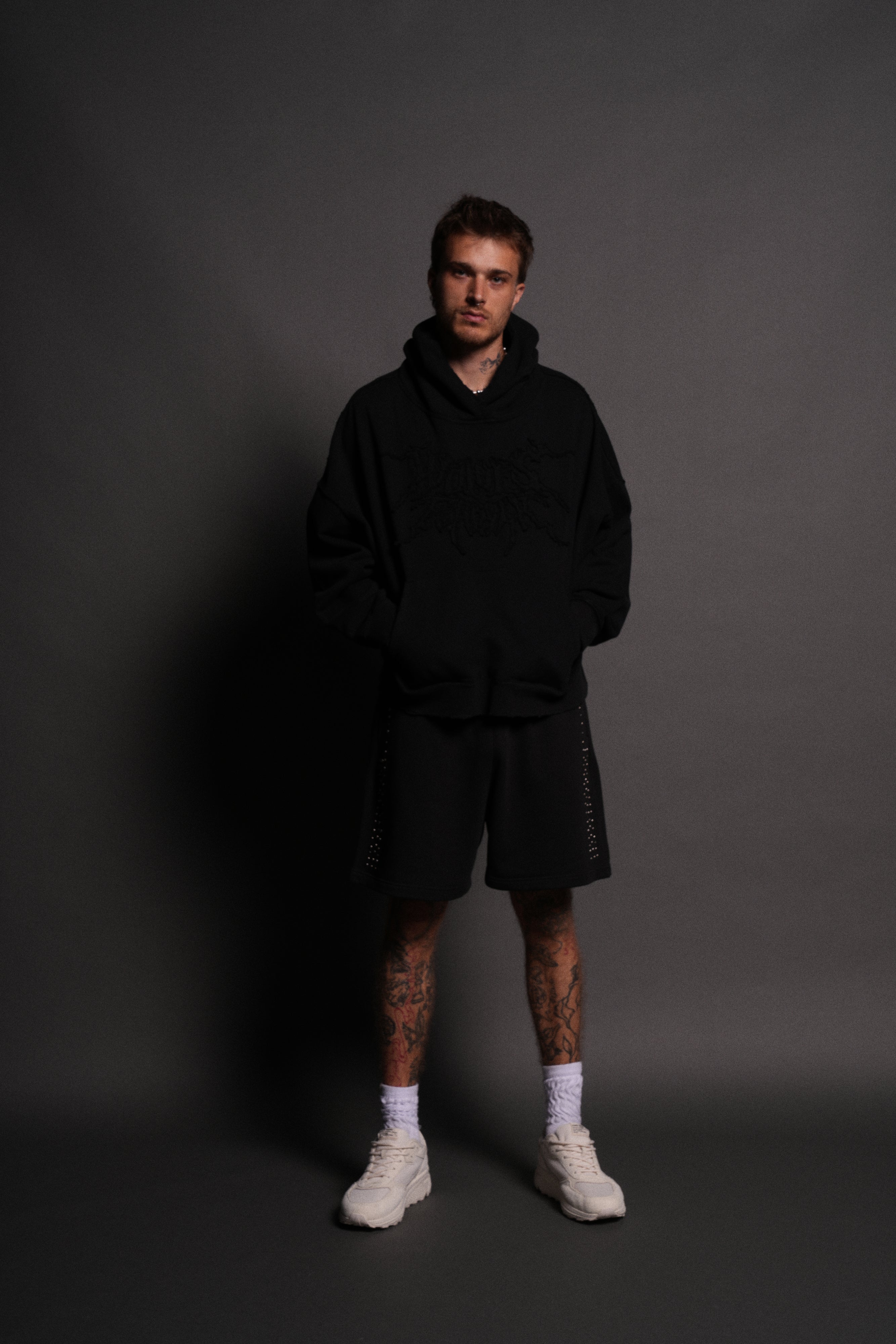 Forged From Iron Applique Destroyed Grunge Gage Box Cut Hoodie in Black