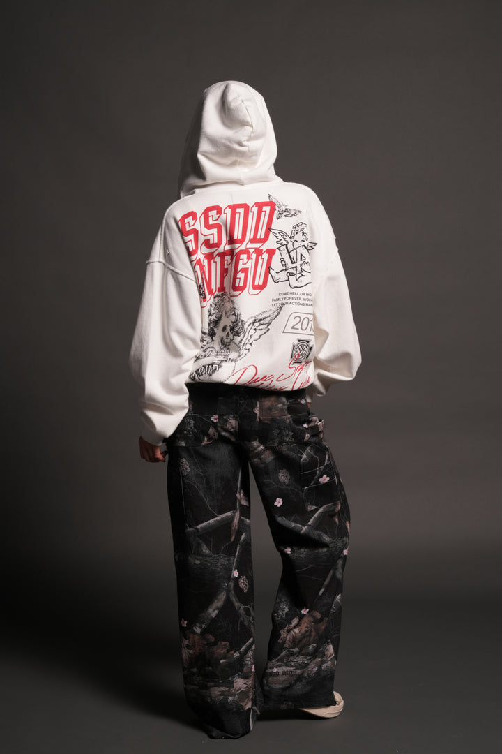 La Ca Frvr Grunge Moatis Zip Hoodie in Cream