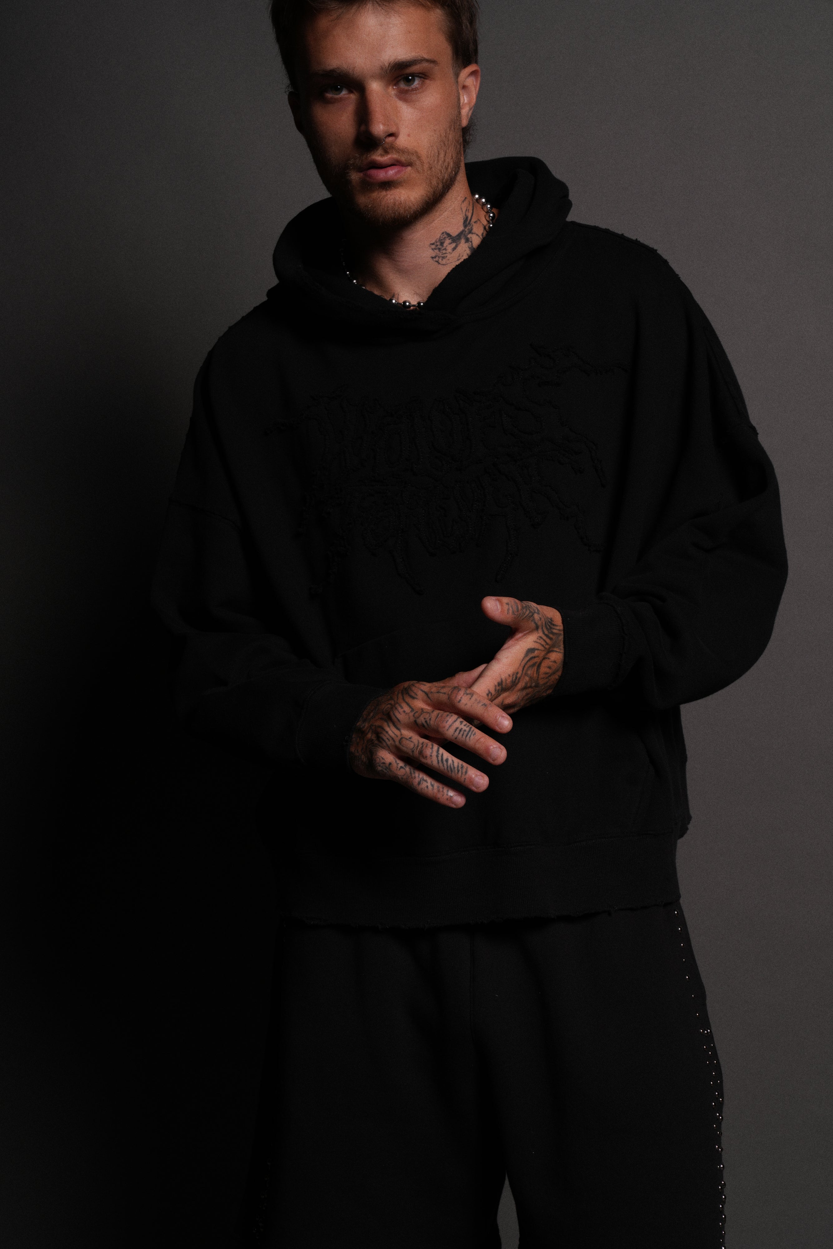 Forged From Iron Applique Destroyed Grunge Gage Box Cut Hoodie in Black