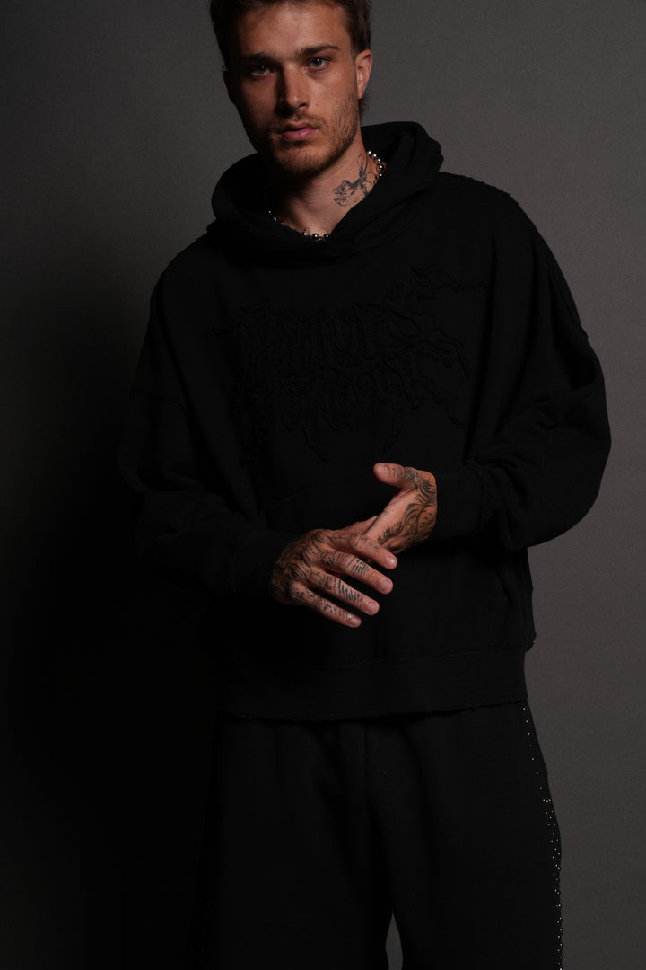 Forged From Iron Applique Destroyed Grunge Gage Box Cut Hoodie in Black