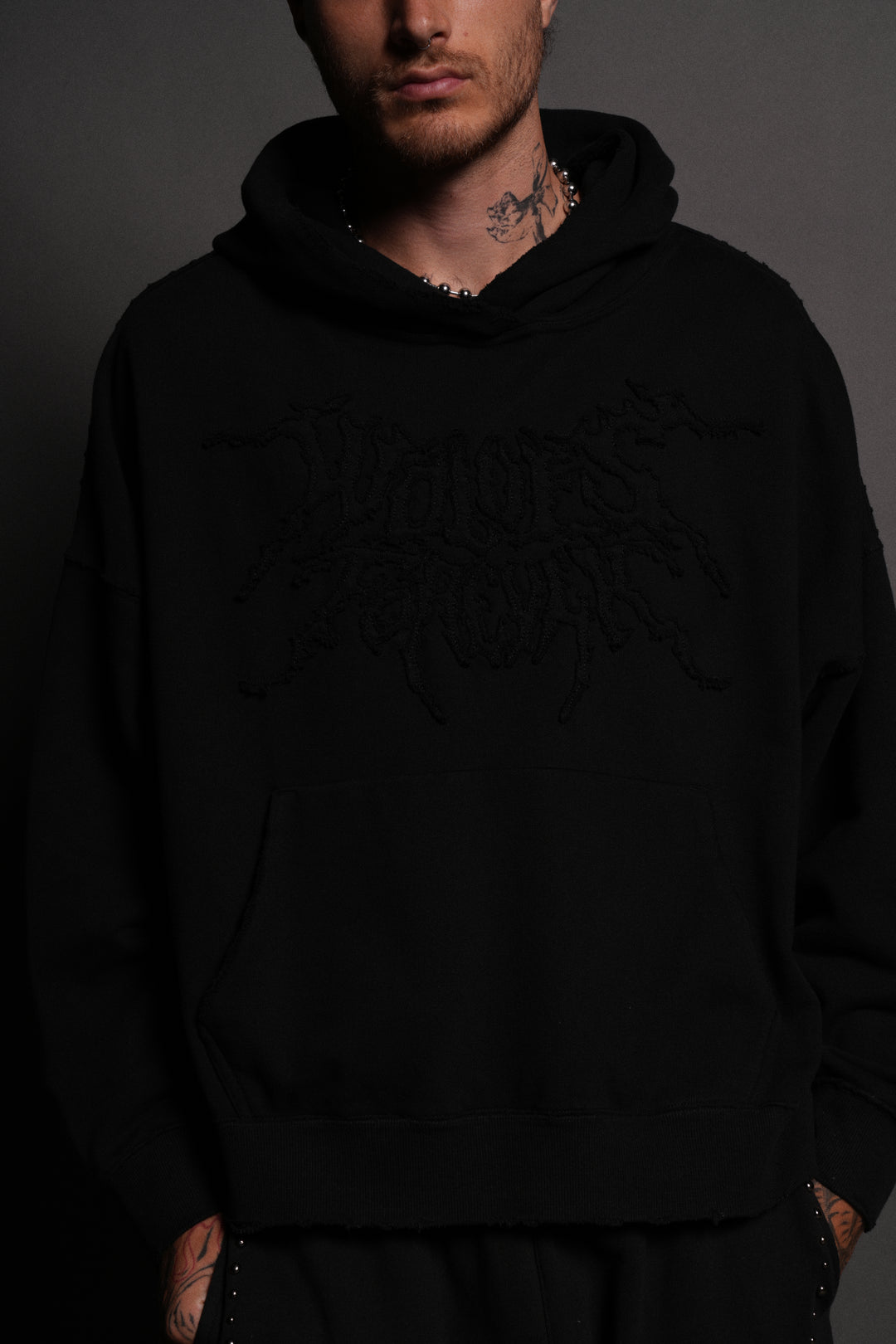 Forged From Iron Applique Destroyed Grunge Gage Box Cut Hoodie in Black