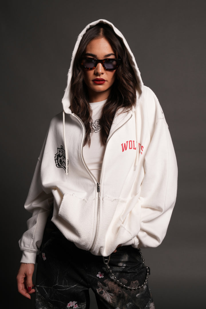 La Ca Frvr Grunge Moatis Zip Hoodie in Cream