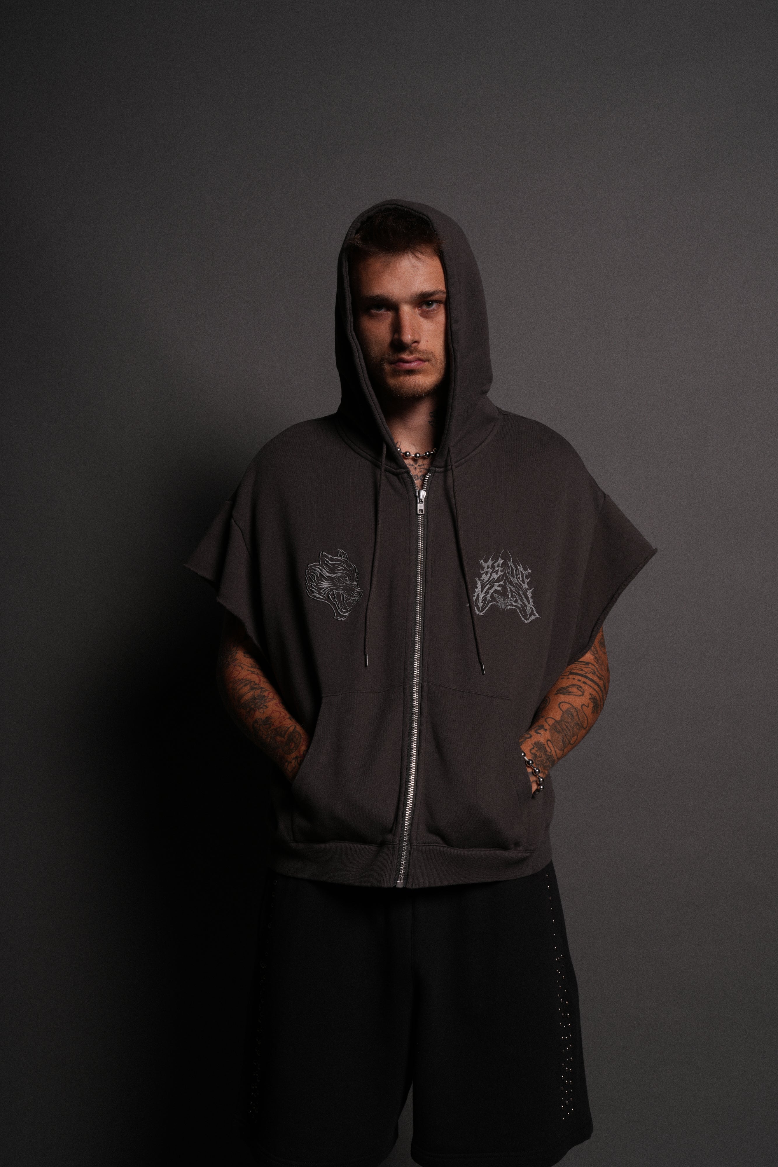 SSDDNFGU Moth Creed Cap Zip Hoodie in Wolf Gray