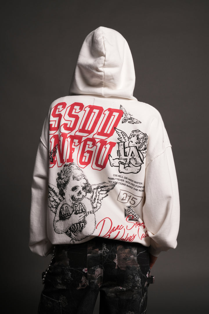 La Ca Frvr Grunge Moatis Zip Hoodie in Cream