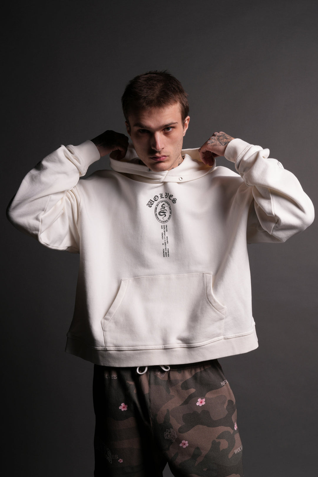 Wolves Club Forever "Box Cut" Pierce Hoodie in Cream