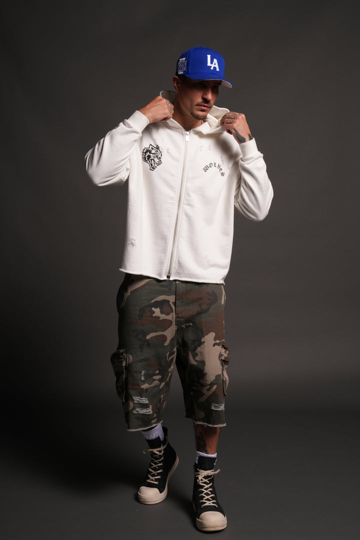 Los Cherub Distressed Grunge Mid Length Raw Hem Zip Hoodie in Cream