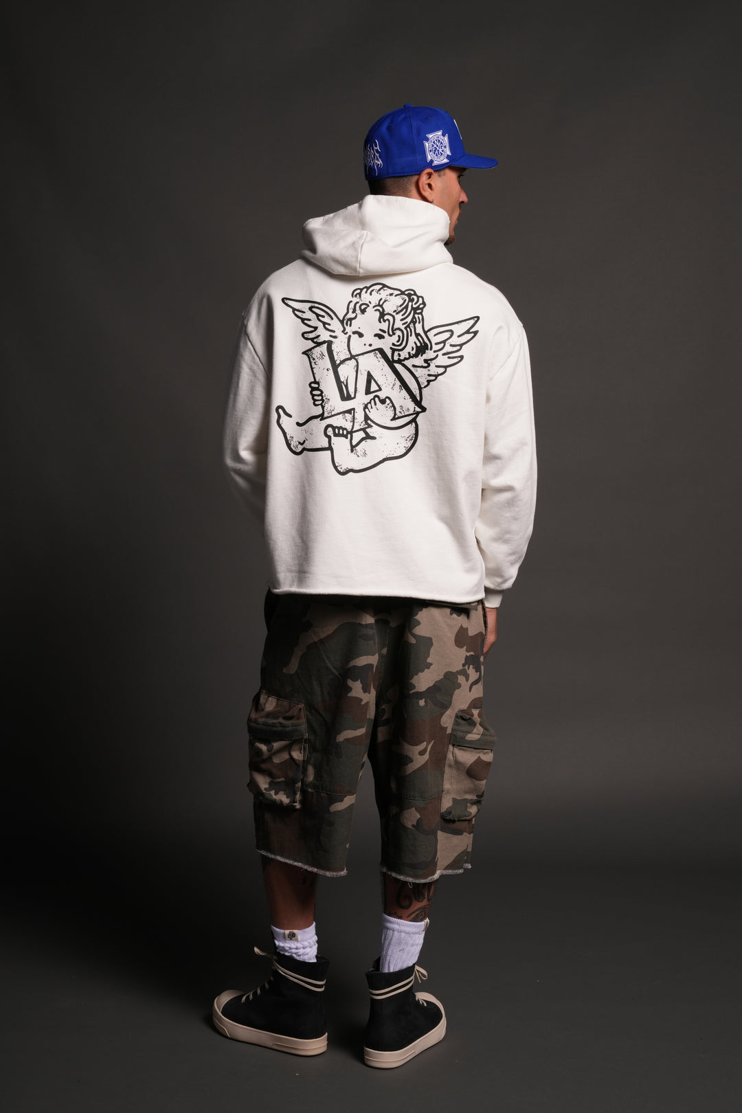 Los Cherub Distressed Grunge Mid Length Raw Hem Zip Hoodie in Cream