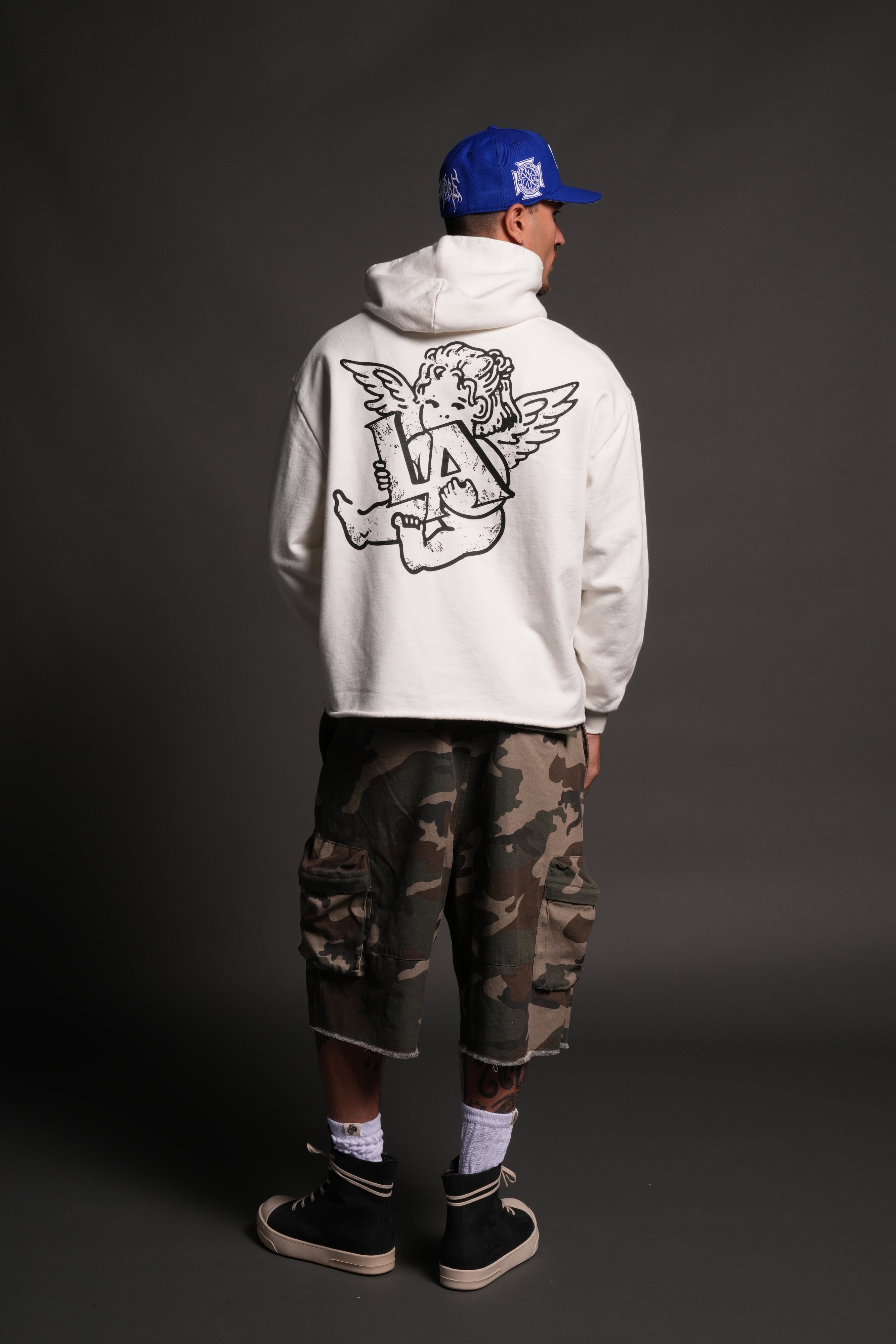 Los Cherub Distressed Grunge Mid Length Raw Hem Zip Hoodie in Cream