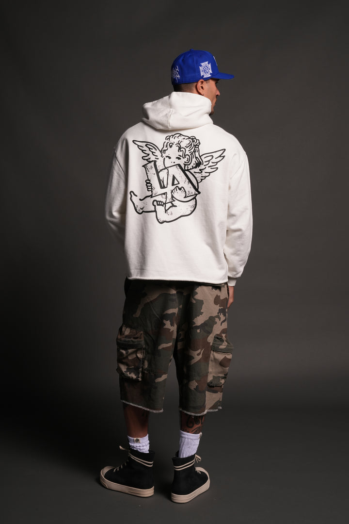 Los Cherub Distressed Grunge Mid Length Raw Hem Zip Hoodie in Cream