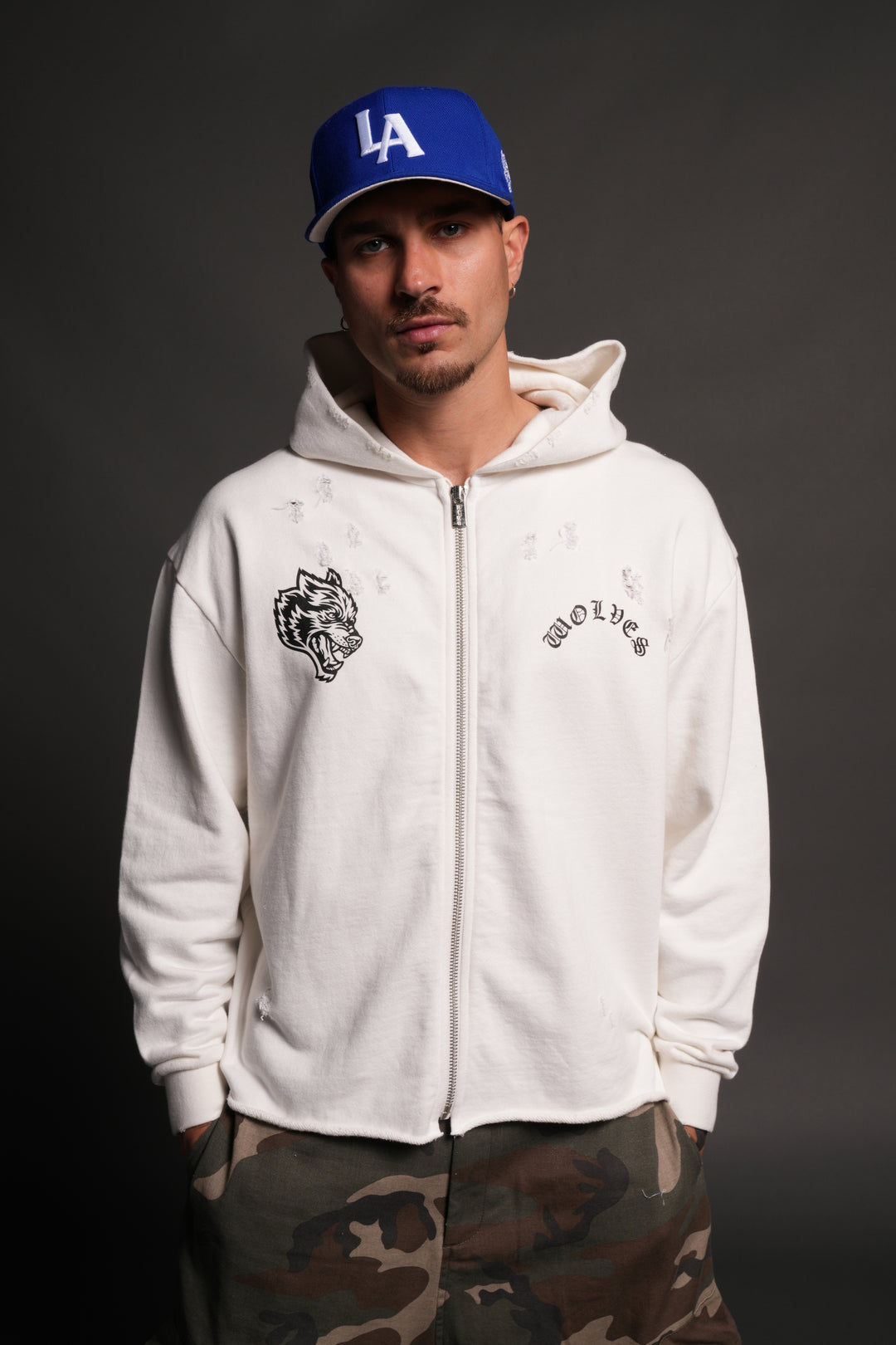 Los Cherub Distressed Grunge Mid Length Raw Hem Zip Hoodie in Cream
