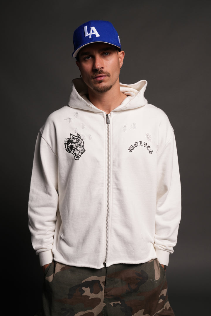 Los Cherub Distressed Grunge Mid Length Raw Hem Zip Hoodie in Cream