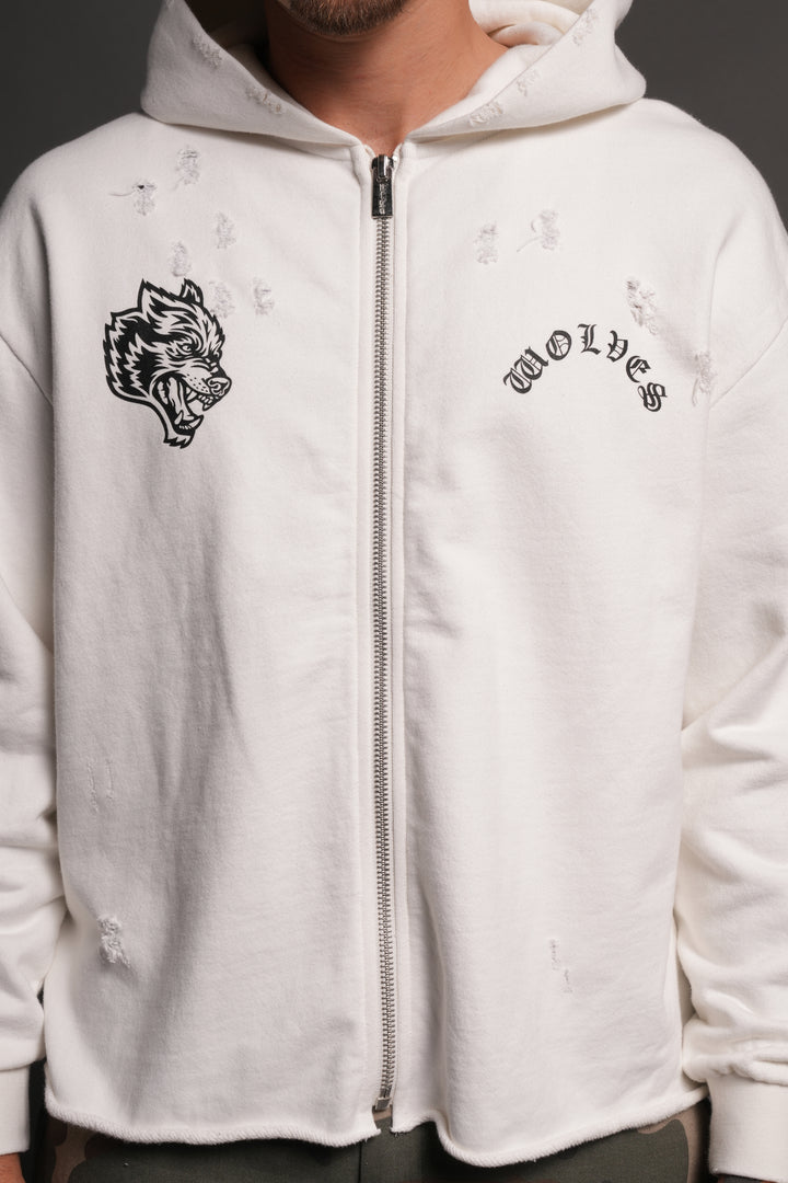 Los Cherub Distressed Grunge Mid Length Raw Hem Zip Hoodie in Cream