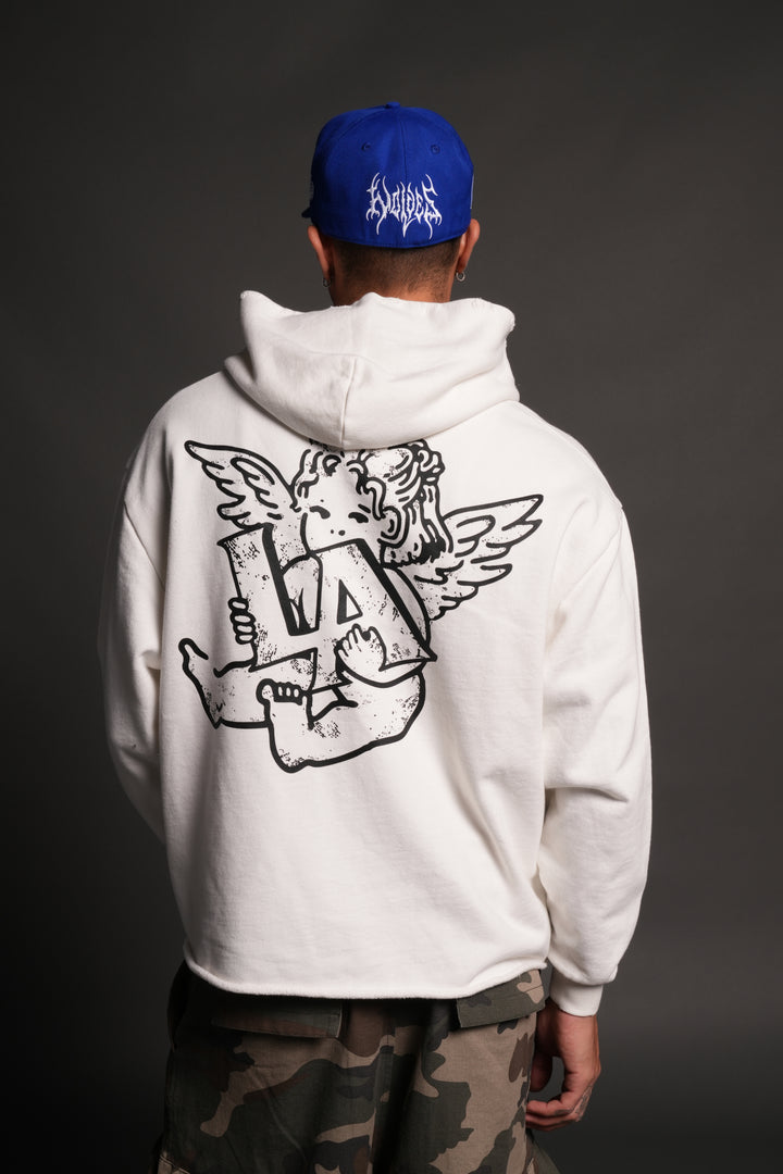 Los Cherub Distressed Grunge Mid Length Raw Hem Zip Hoodie in Cream