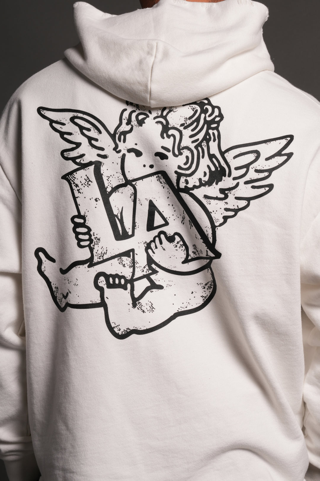 Los Cherub Distressed Grunge Mid Length Raw Hem Zip Hoodie in Cream