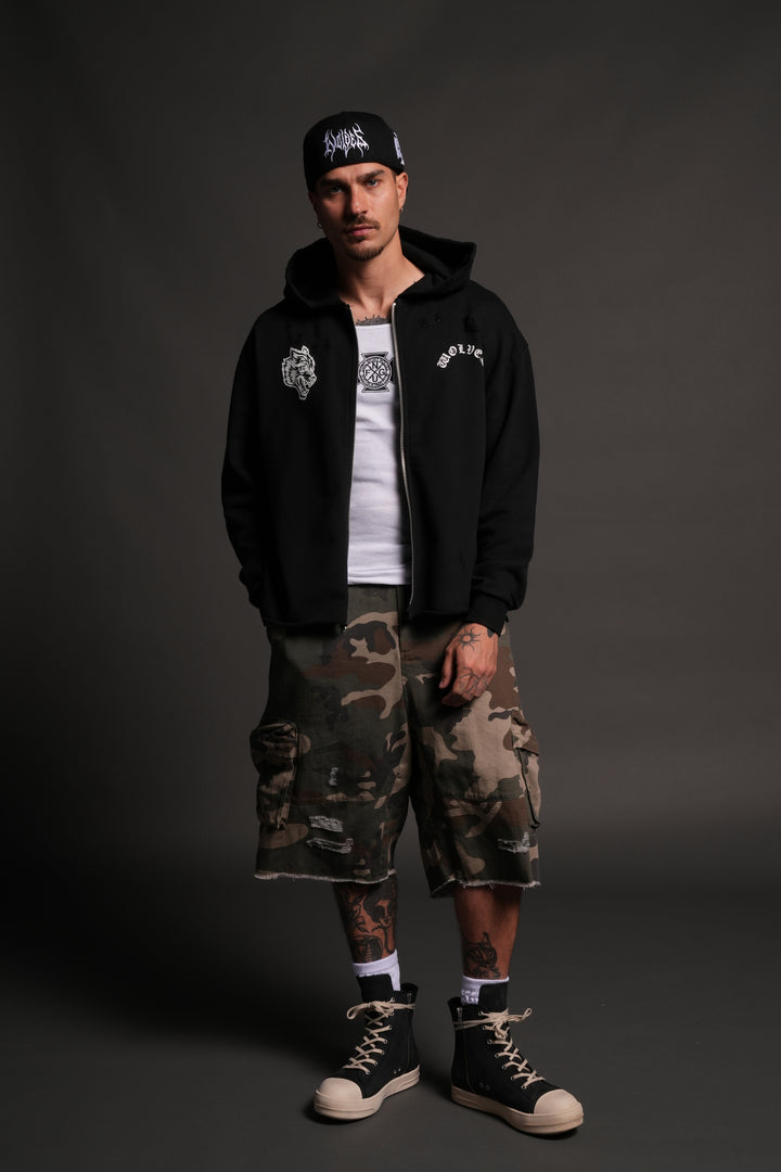 Los Cherub Distressed Grunge Mid Length Raw Hem Zip Hoodie in Black