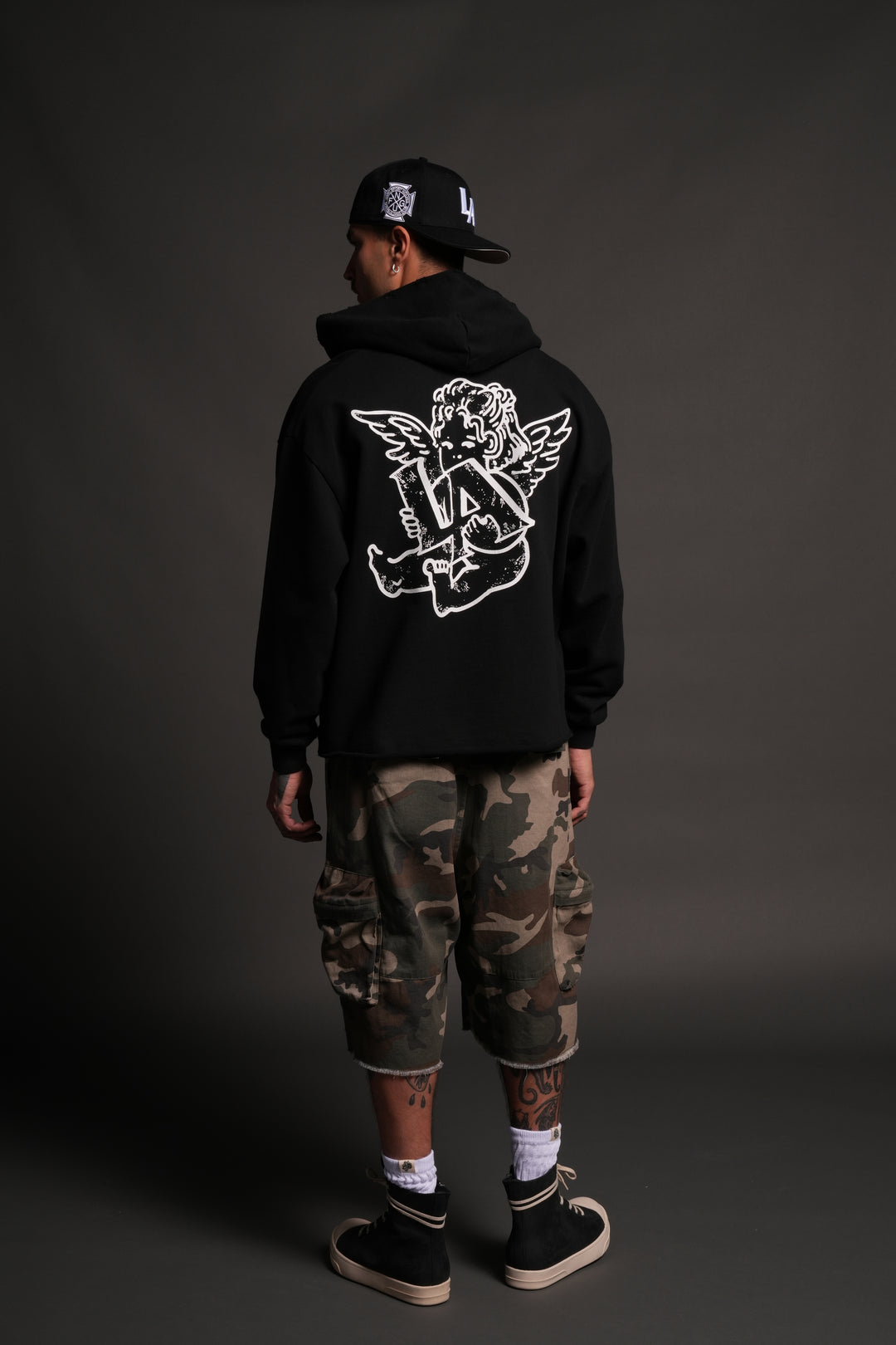 Los Cherub Distressed Grunge Mid Length Raw Hem Zip Hoodie in Black