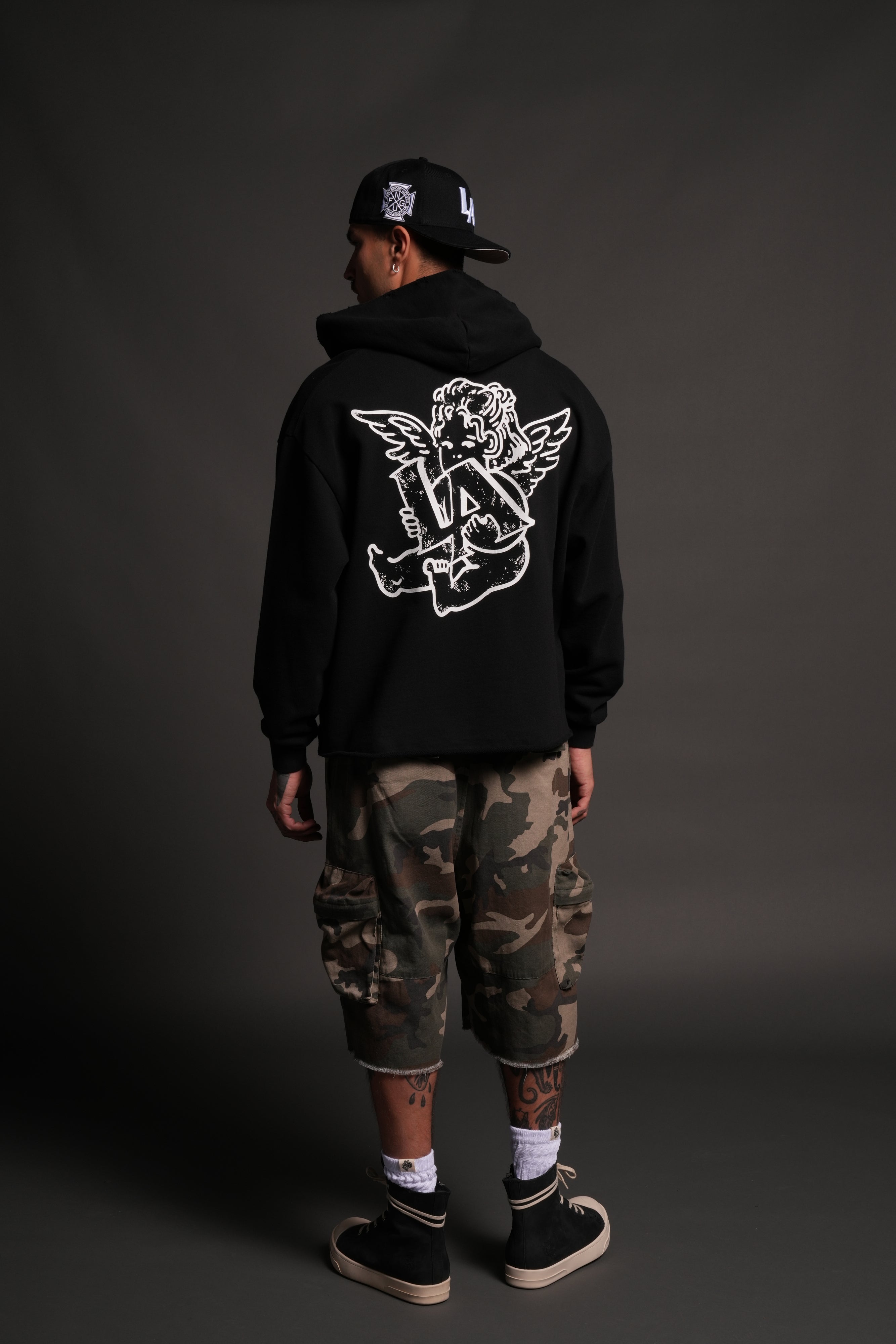 Los Cherub Distressed Grunge Mid Length Raw Hem Zip Hoodie in Black