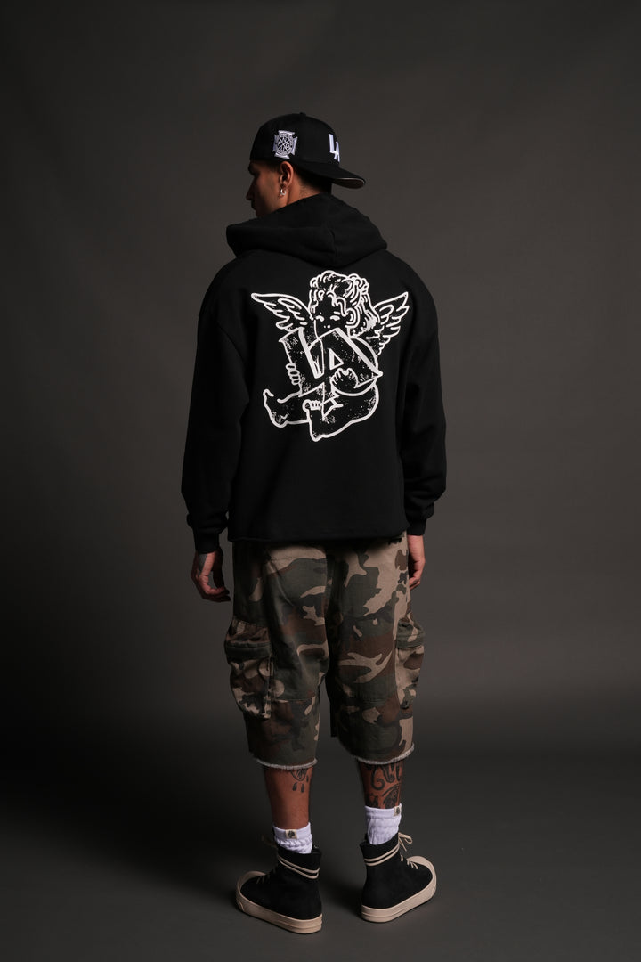 Los Cherub Distressed Grunge Mid Length Raw Hem Zip Hoodie in Black