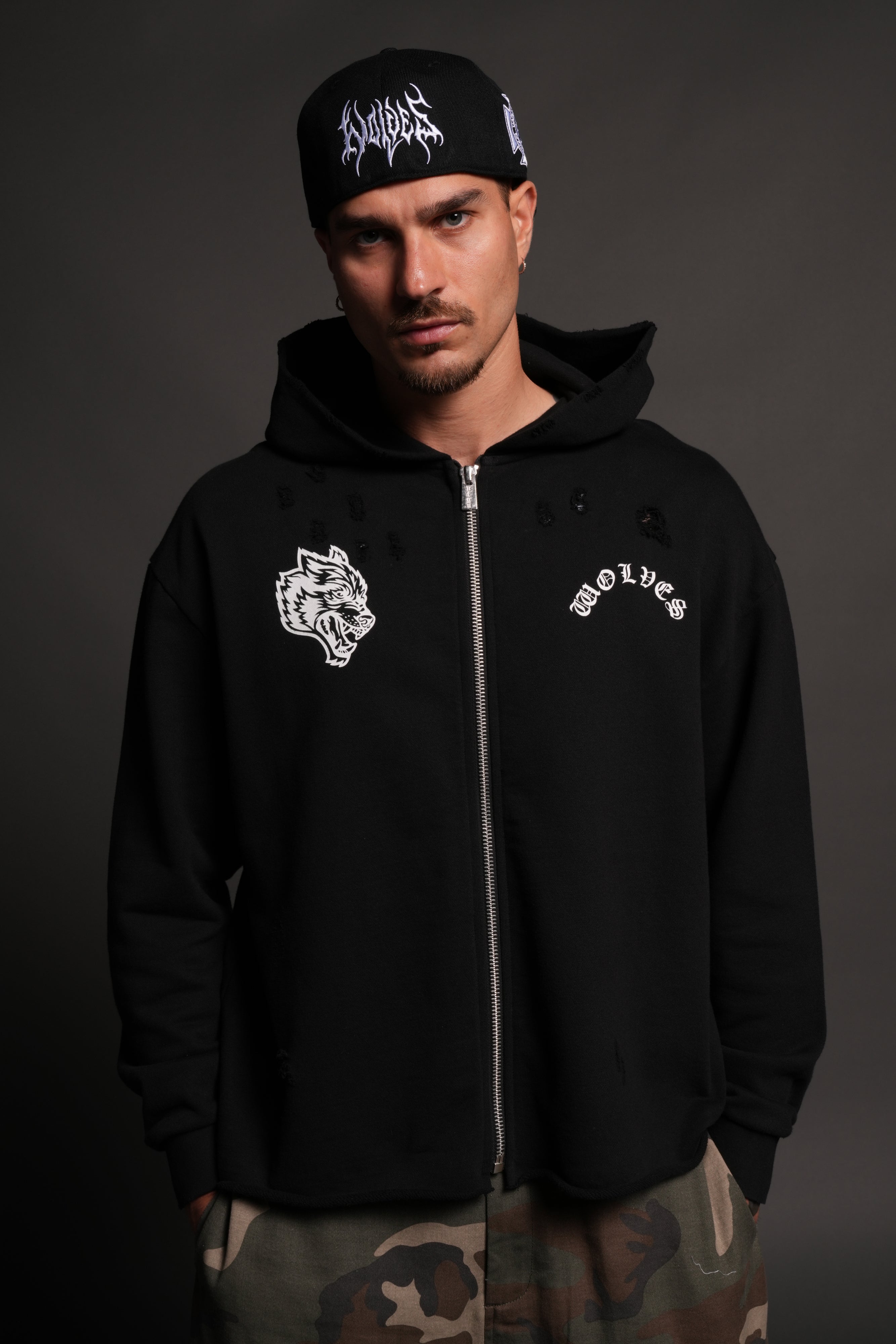 Los Cherub Distressed Grunge Mid Length Raw Hem Zip Hoodie in Black