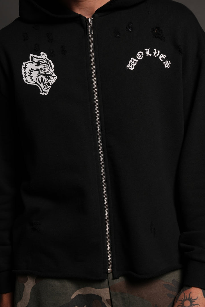 Los Cherub Distressed Grunge Mid Length Raw Hem Zip Hoodie in Black