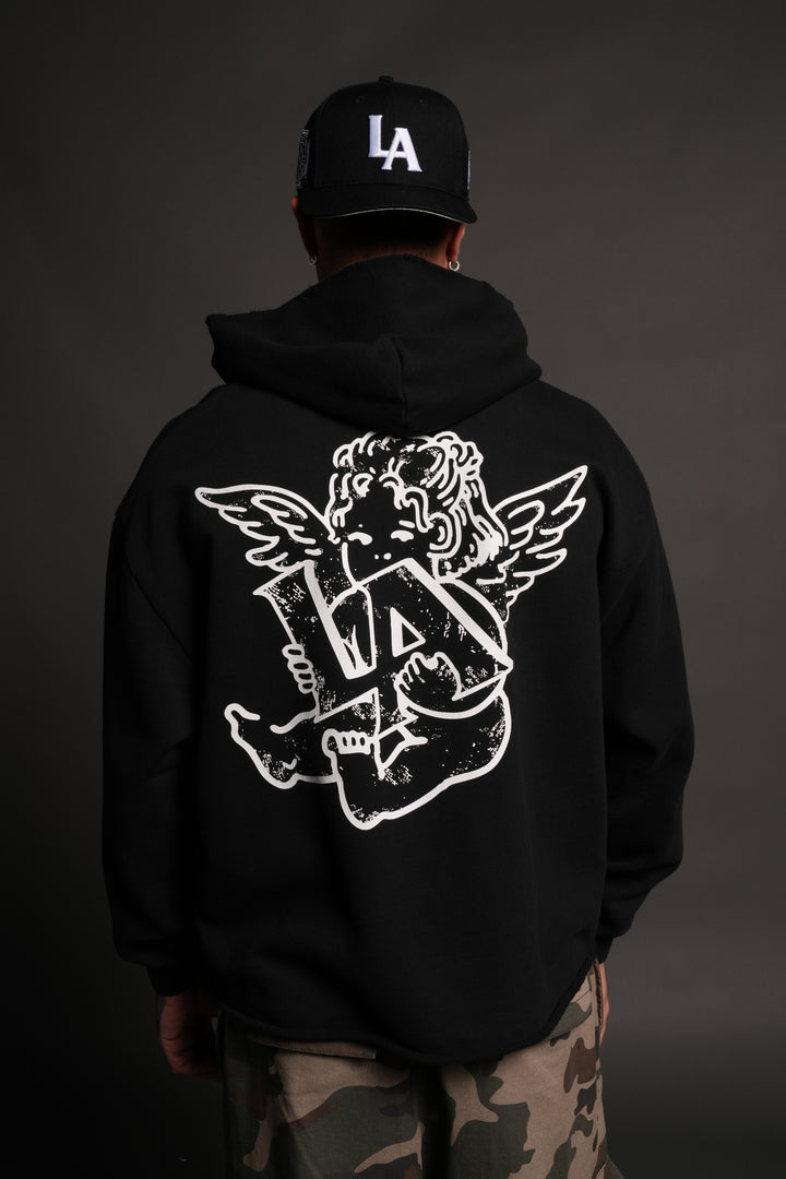 Los Cherub Distressed Grunge Mid Length Raw Hem Zip Hoodie in Black