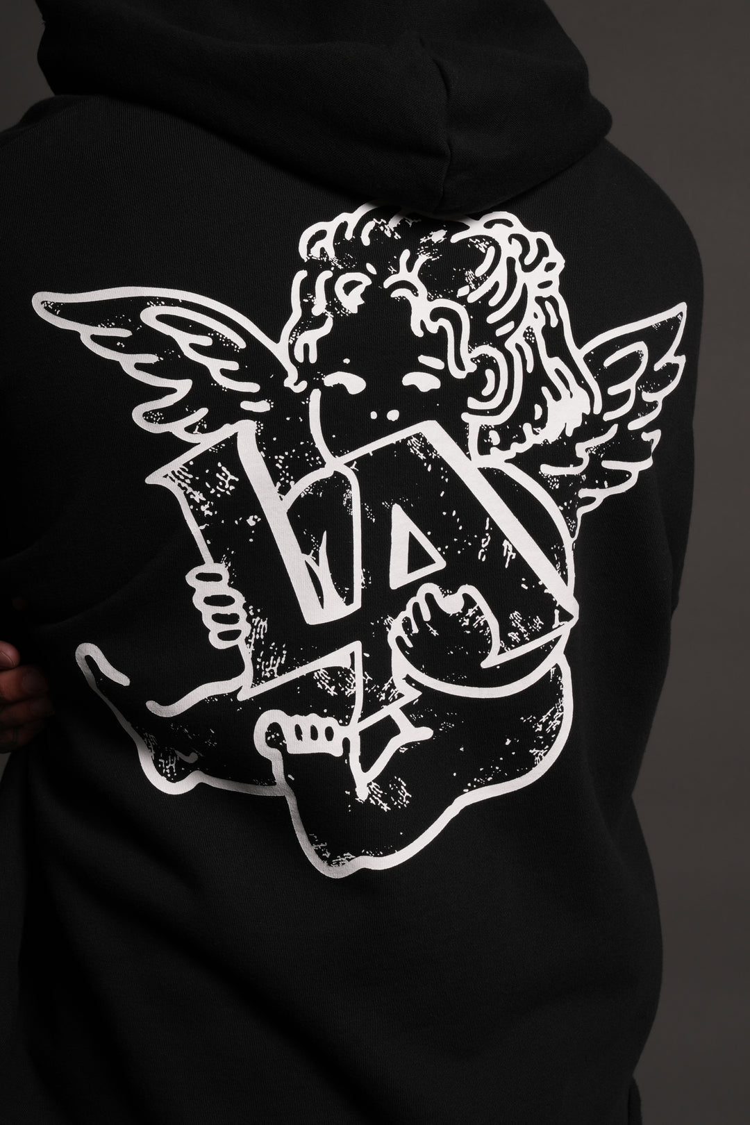 Los Cherub Distressed Grunge Mid Length Raw Hem Zip Hoodie in Black