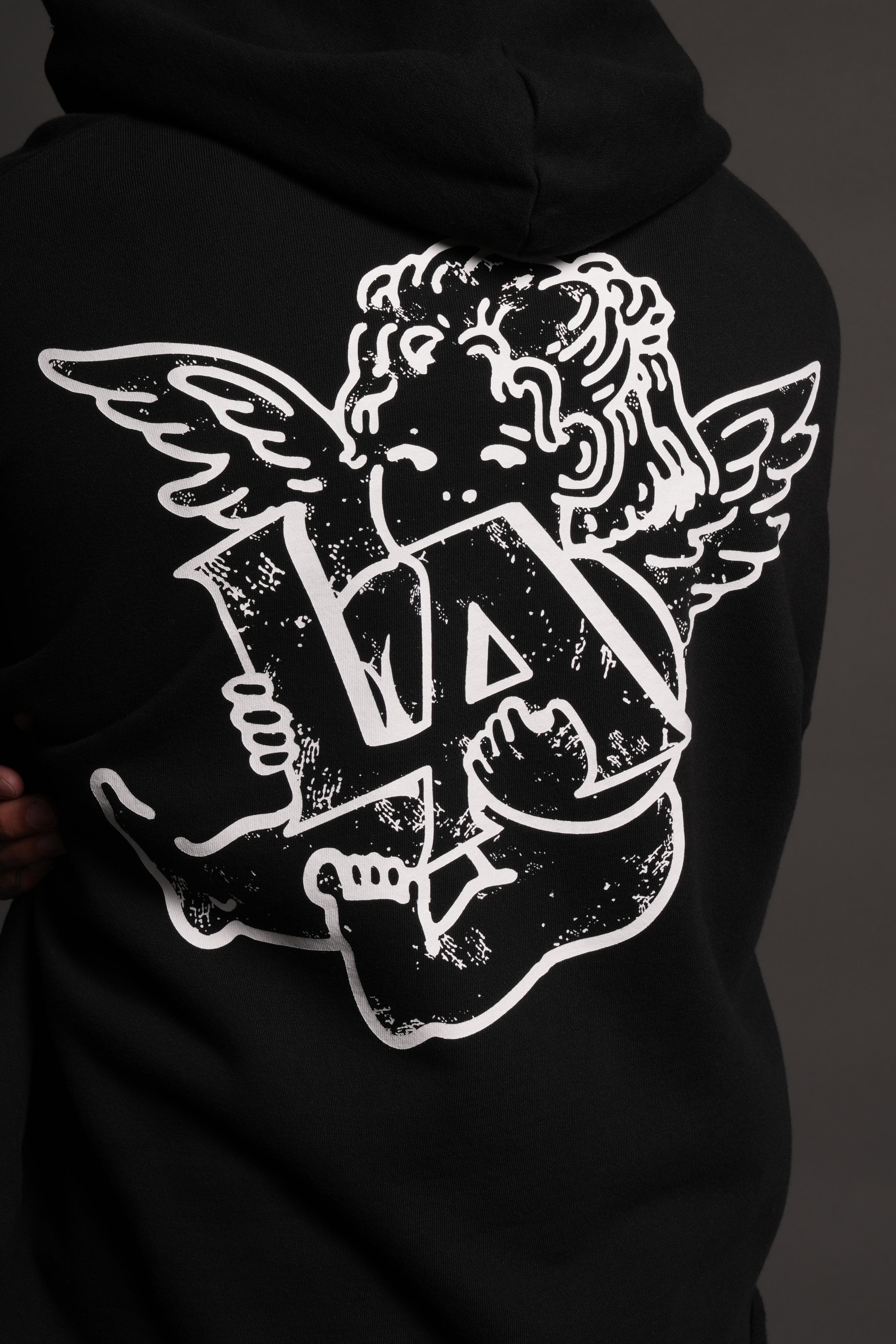 Los Cherub Distressed Grunge Mid Length Raw Hem Zip Hoodie in Black