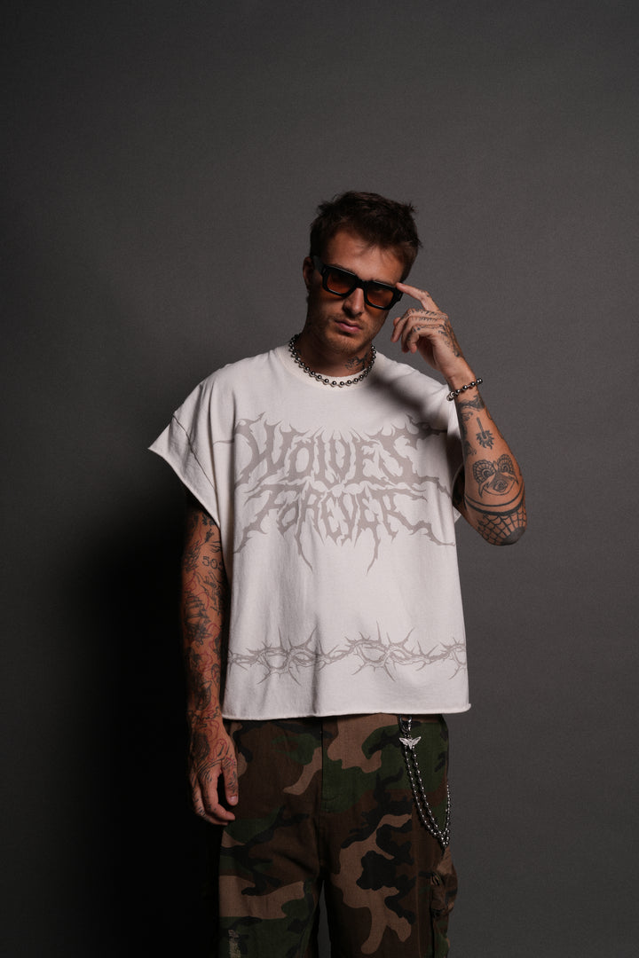 Surrounded by Thorns Grunge Cut-Off Tee in Cream