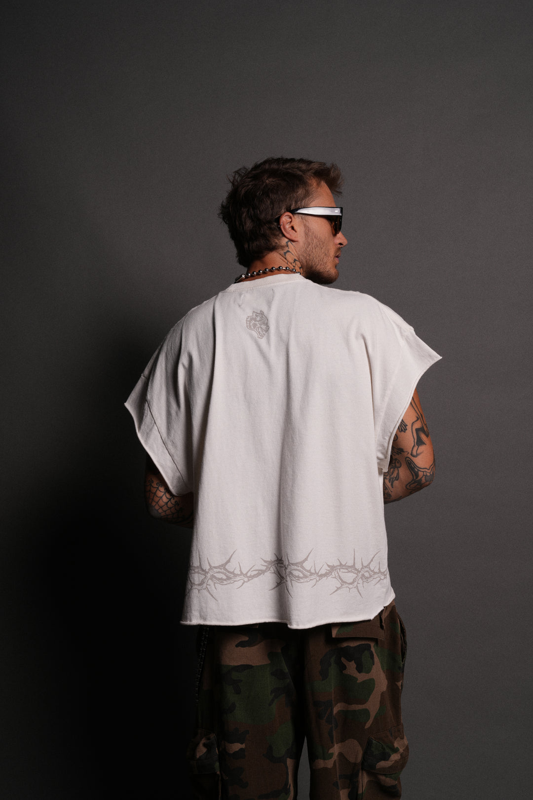 Surrounded by Thorns Grunge Cut-Off Tee in Cream