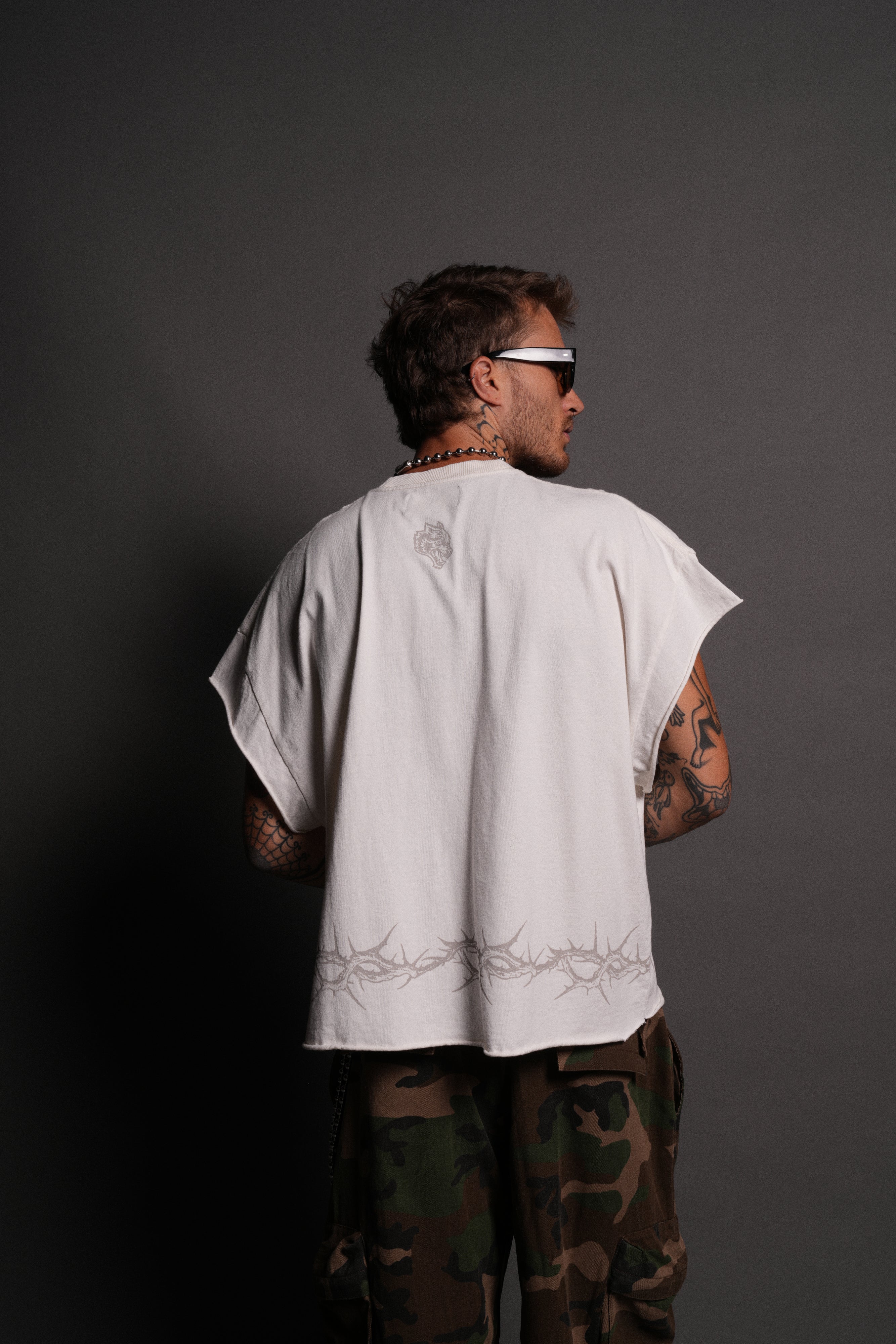 Surrounded by Thorns Grunge Cut-Off Tee in Cream