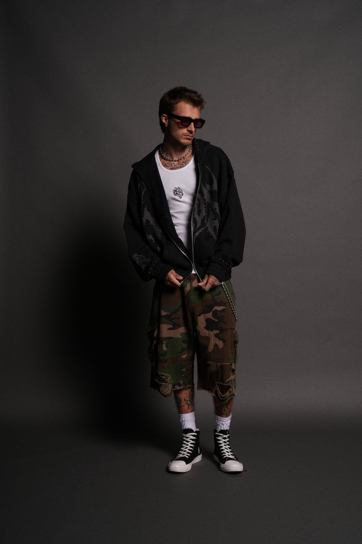 Studded Hesh "Chambers" Zip Hoodie in Black