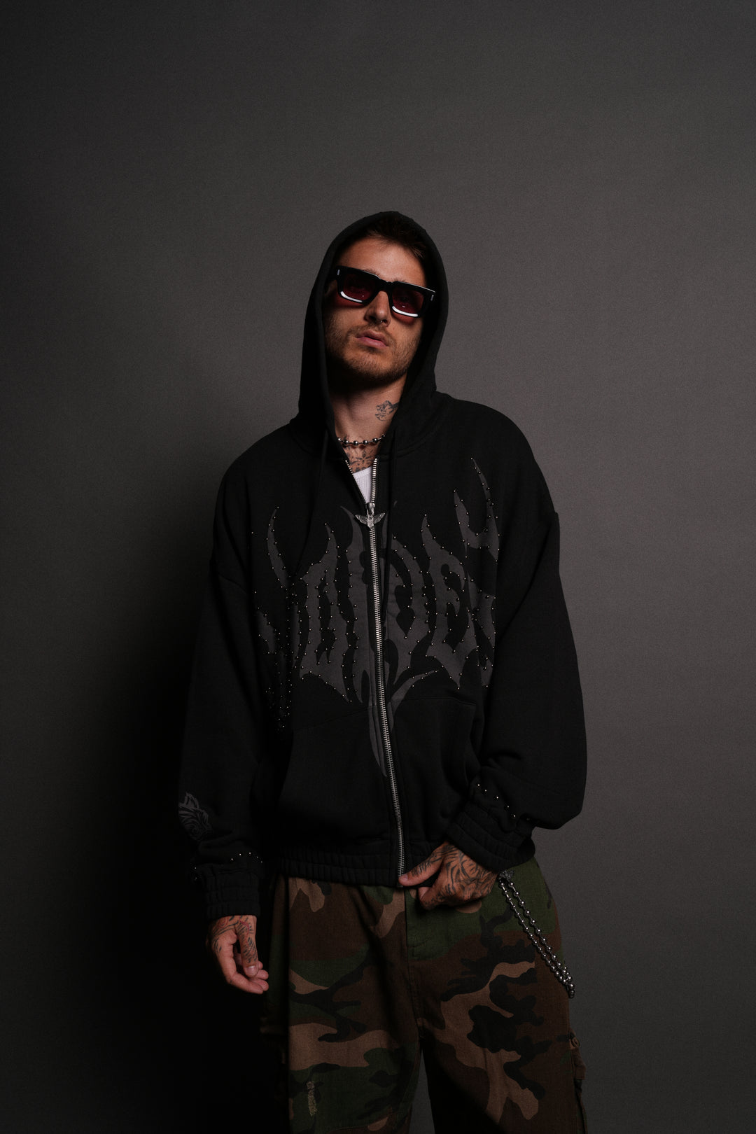 Studded Hesh "Chambers" Zip Hoodie in Black