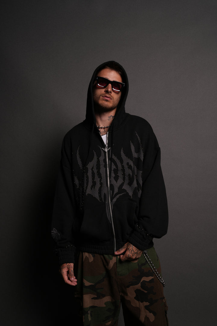 Studded Hesh "Chambers" Zip Hoodie in Black