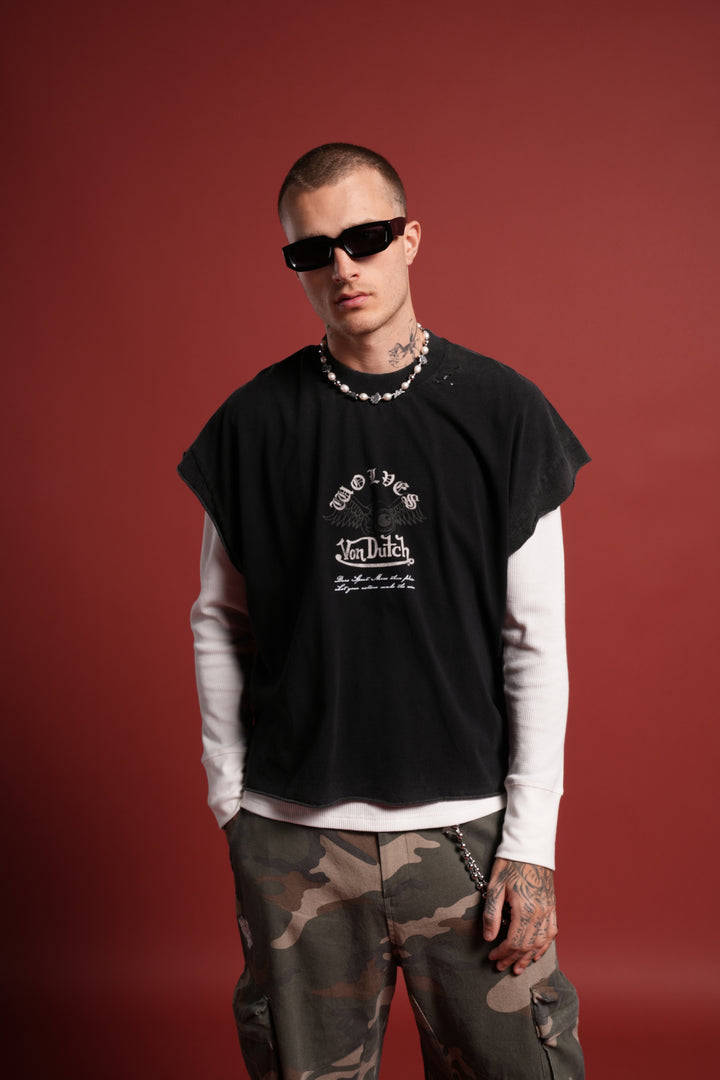 DSVD NFGU Distressed Grunge Cut-Off Mid-Length Raw Hem Tee in Black