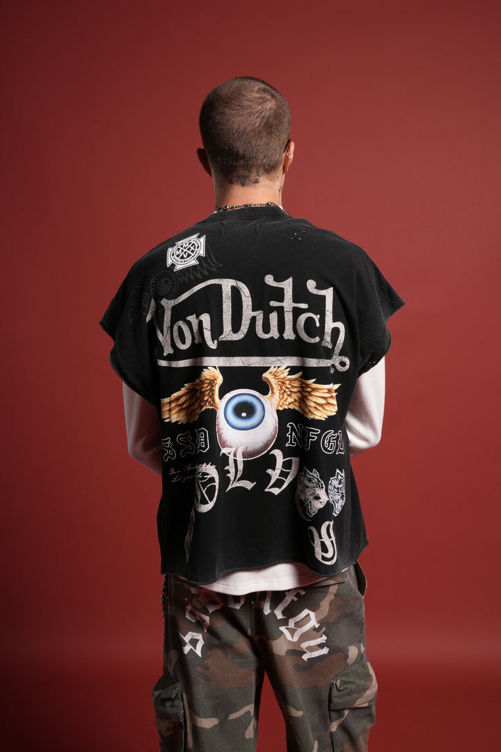 DSVD NFGU Distressed Grunge Cut-Off Mid-Length Raw Hem Tee in Black