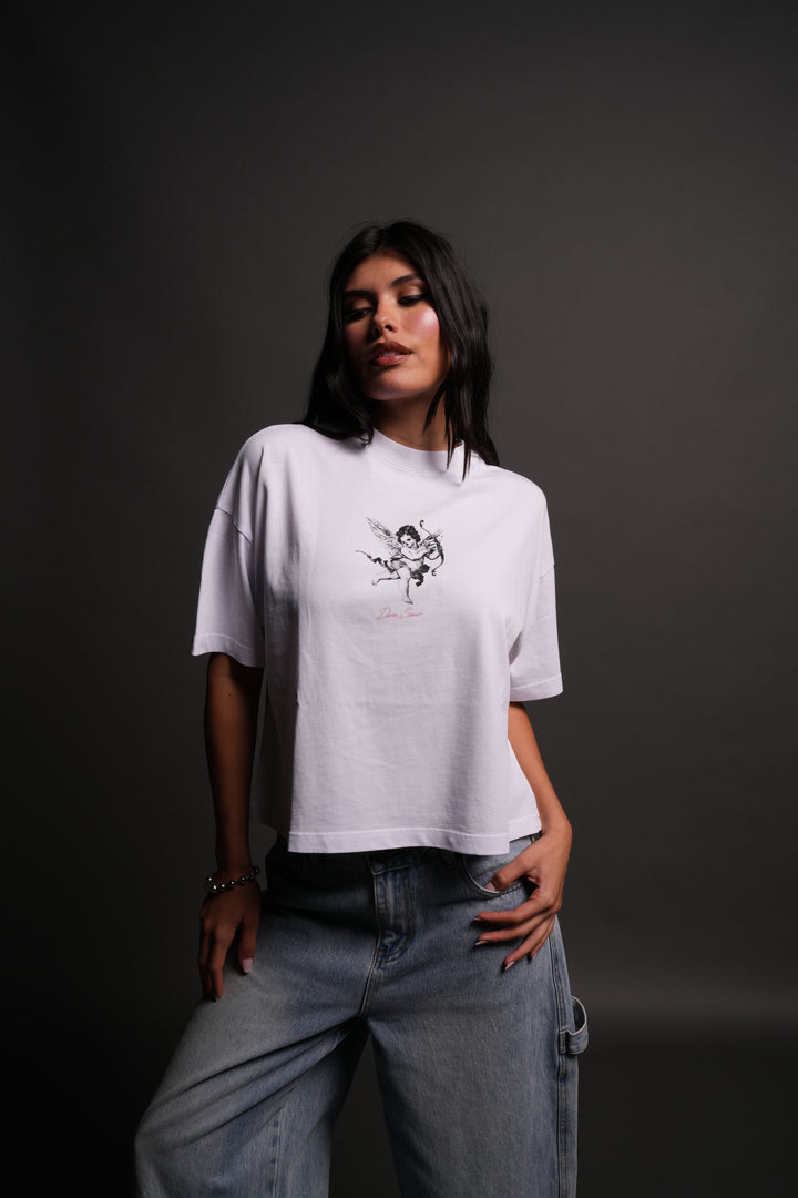Del Amor Ultrawide "Premium" Crop Tee in White