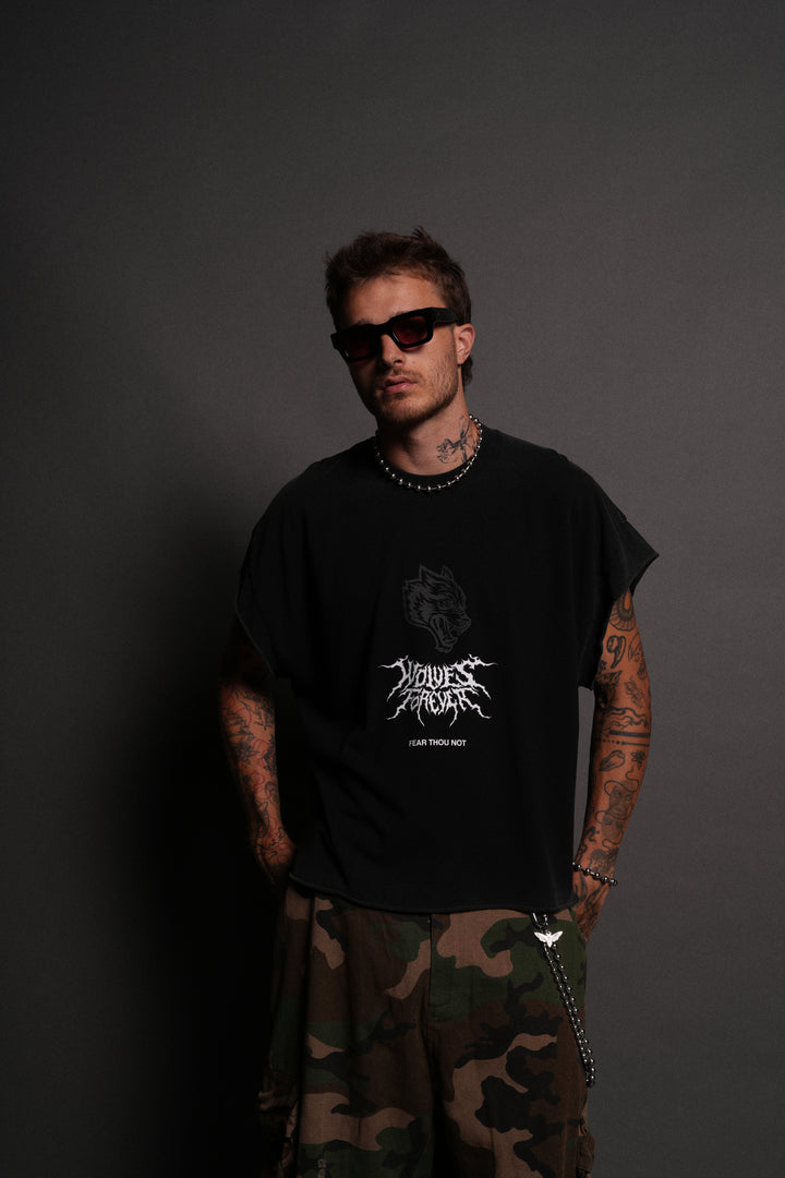 Casted Out Grunge Cut-Off Tee in Black