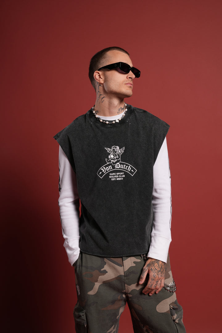 Darc Covenant Distressed Grunge Mid-Length Raw Hem Muscle Tee in Black