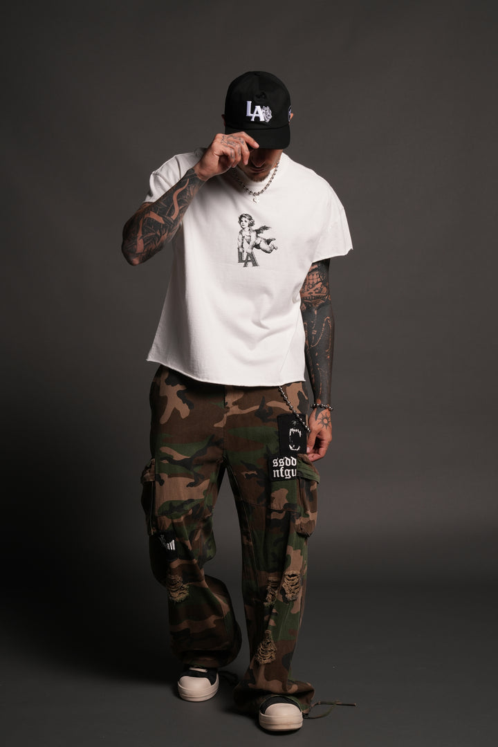 La Cherub Grunge Mid Length Raw Hem Cap Sleeve Tee in Cream