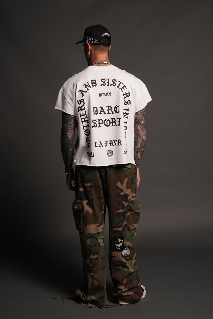 La Cherub Grunge Mid Length Raw Hem Cap Sleeve Tee in Cream