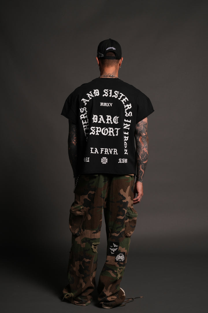 La Cherub Grunge Mid Length Raw Hem Cap Sleeve Tee in Black