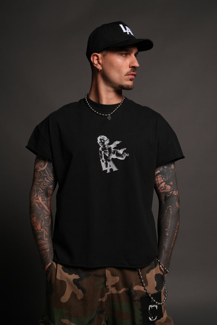 La Cherub Grunge Mid Length Raw Hem Cap Sleeve Tee in Black