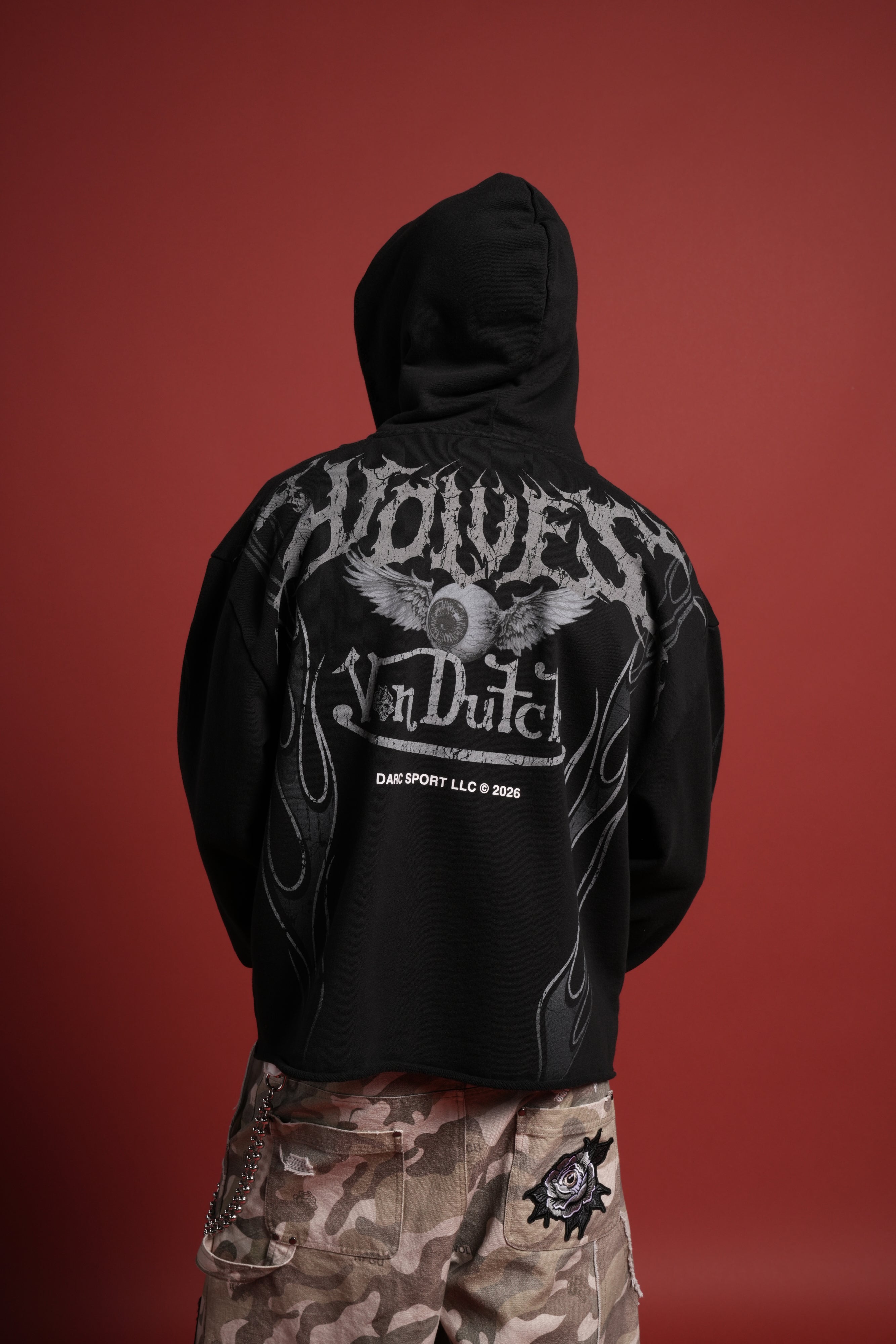 Take-Off Distressed Grunge Mid Length Raw Hem Zip Hoodie in Black